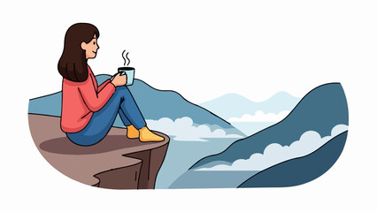 Woman sits on cliff edge, holding a hot drink, enjoying misty mountain view