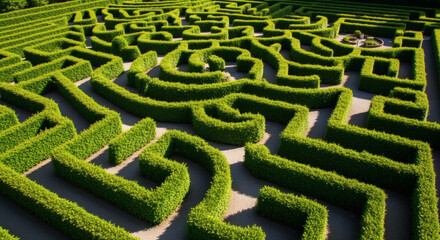 Overhead view of a dense, intricate green maze composed of neatly trimmed hedges, winding through a complex geometric pattern