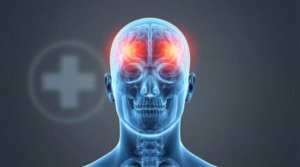 Human Brain with Glowing Red Pain Areas, a Medical Illustration of Headache or Migraine, Neurological Health Concept