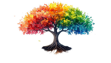 Watercolor tree illustration colorful leaves transitions. Roots extend below with green plants. Family lineage with visual metaphor for genealogy history connection, life cycle