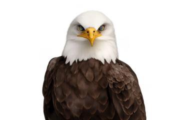 Bald eagle looking directly forward, symbolizing freedom, patriotism, and strength on a transparent background