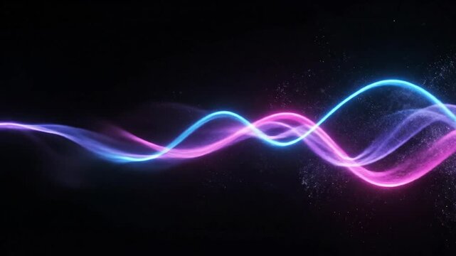 An abstract image featuring flowing light trails in blue and pink against a dark backdrop