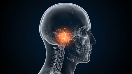 Inner Ear Pain in Human Head, a Detailed Medical 3D Illustration of Anatomy on Dark Background