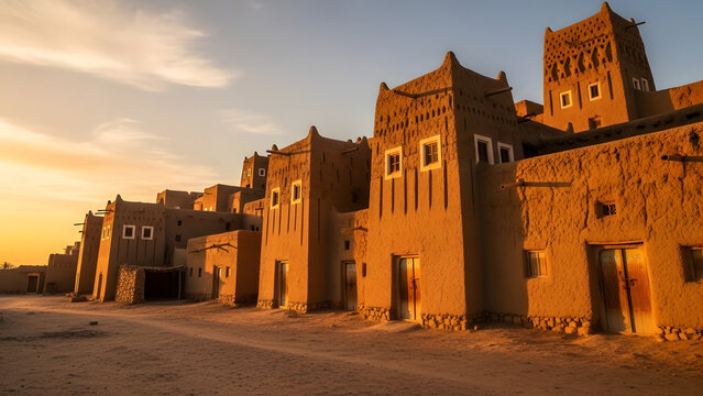 Najran mud towers rise like ancient skyscrapers, built from clay with white decorative borders. Sunlit earthen walls glow warmly, showcasing traditional southern Saudi architecture.
