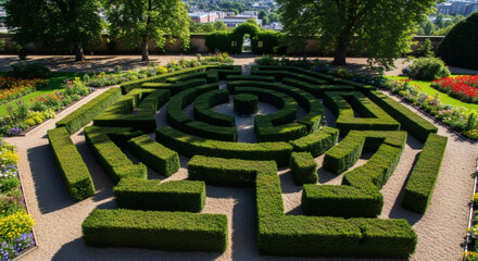 A meticulously manicured garden maze made of vibrant green hedges, with gravel pathways and colorful flowerbeds