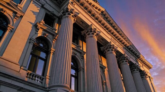neoclassical facade bathed in sunset light, towering Corinthian columns and ornate cornices framed against purpleorange dusk sky, lowangle urban perspective highlights stone texture, balustrades,