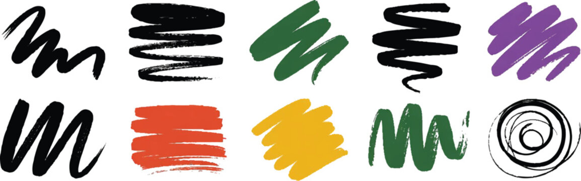 Ink, pencil pen, paint, crayon brush strokes. Grunge texture set. 