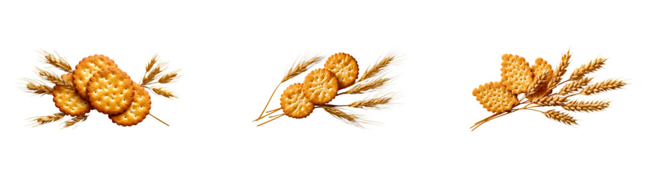 Golden baked crackers and natural wheat stalks arranged for healthy food product packaging and wholesome agricultural themed promotions