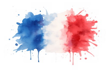 France flag watercolor paint splash creating a patriotic artistic tricolor concept on transparent background