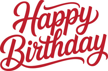 Elegant red calligraphic Happy Birthday script with flourishes and a timeless celebratory feel