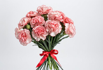 Pink carnation bouquet on white background, traditional style, ruffled petals, classic flowers, elegant arrangement, fresh blooms