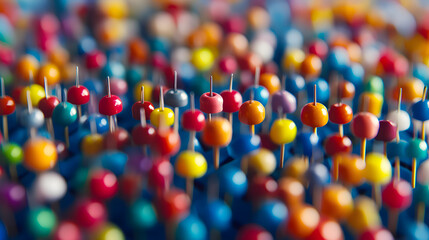 Colorful push pins with round heads in various colors arranged densely on a surface with a blurred background