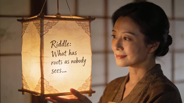 Woman holds a lantern with a riddle while indoors during evening hours