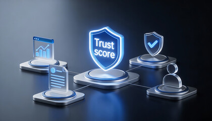 3D digital illustration of a digital trust score concept featuring a glowing blue shield with a checkmark icon surrounded by analytics charts security protection and user symbols
