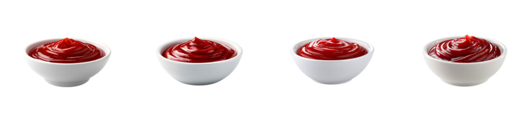 Delicious rich red ketchup sauce in white bowls ready for food pairing, ideal for restaurant menus, food packaging, and culinary promotion.