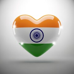 A glossy heart-shaped object featuring the vibrant colors and Ashoka Chakra of the Indian flag, symbolizing love for India.