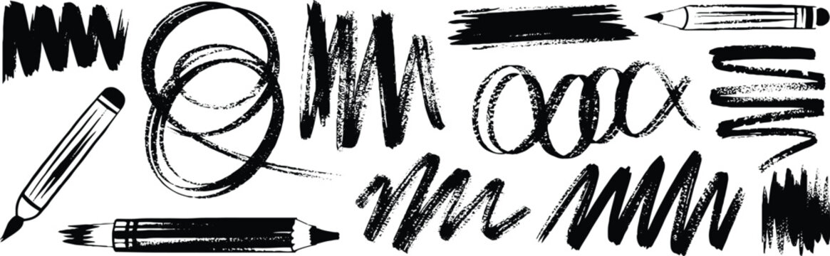 Abstract hand drawn doodle pencil pen bold line, wavy seamless pattern. Wavy and curly lines, dry brush stroke texture.