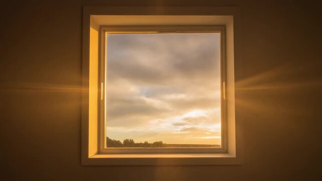 Sunset view through a window with warm light rays.