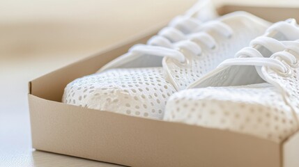 A pair of clean white disposable shoe covers neatly arranged inside a cardboard box on a light background in a detailed photograph