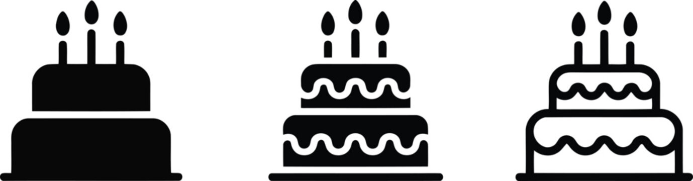 Three different black and white birthday cake icons with lit candles for celebrations