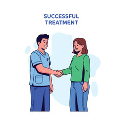 Fototapeta premium Illustration of a male doctor and female patient shaking hands with a successful treatment outcome in a simple graphic style on a white background with blue accents.