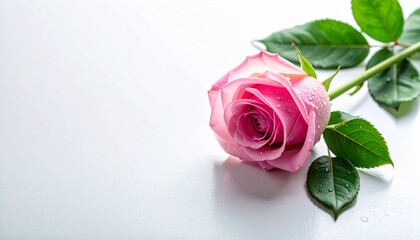 Fototapeta premium Pink rose with water droplets on white background