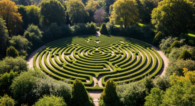 Aerial view of a perfectly manicured hedge maze surrounded by tall trees on a sunny day. Circular design, pathways, symmetry, and verdant foliage - Powered by Adobe