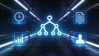3D digital illustration of an artificial intelligence decision tree in a futuristic dark corridor featuring glowing icons for time management data analytics and human resources