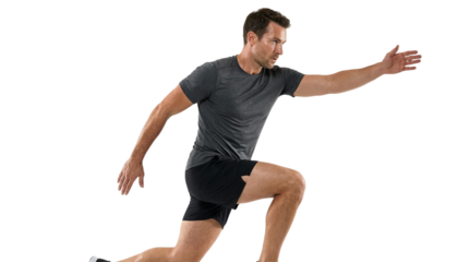 A fit man in motion running quickly on transparent background