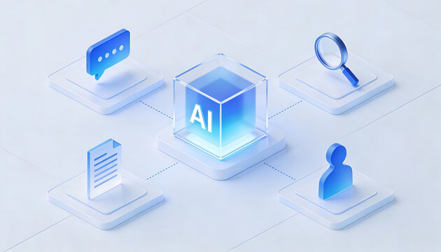 3D isometric illustration of explainable artificial intelligence concept featuring a glowing AI glass cube connected to magnifying glass chat bubble document and user profile icons