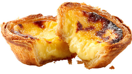 A portuguese egg tart or pastel de nata broken in half showing creamy custard filling and flaky pastry crust on white background with custard tart