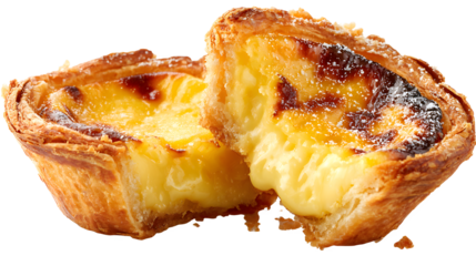 A portuguese egg tart or pastel de nata broken in half showing creamy custard filling and flaky pastry crust on white background with custard tart