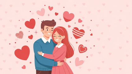 A happy cartoon couple hugging affectionately amidst many floating red and pink hearts on a light pink background.