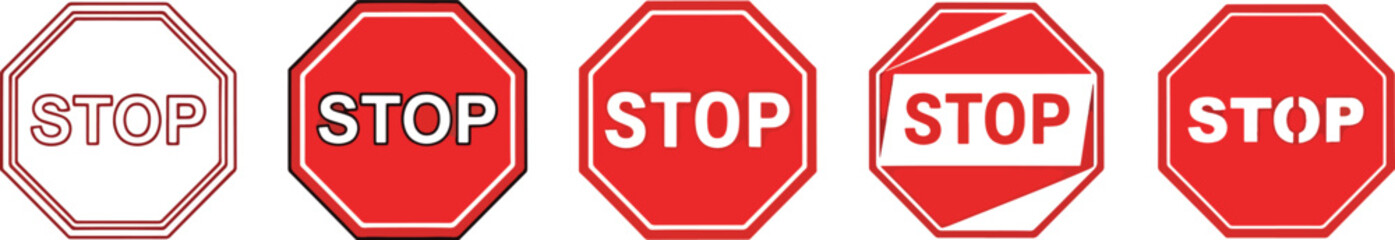 Different variations and designs of the standard red octagonal stop sign symbol presented in a vector graphic collection Vector