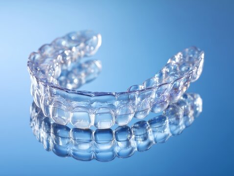 透明なマウスピース矯正装置が歯並び改善と目立たない歯科治療を伝えるイメージ