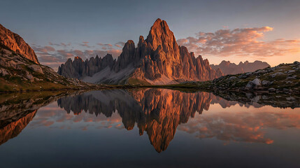 Jagged mountain peaks reflect in calm lake at sunrise
