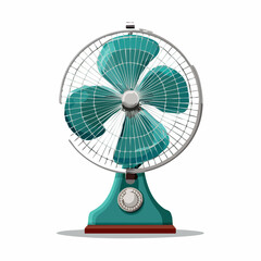 A sturdy retro green desk fan with an ornate central base button and protective grille.