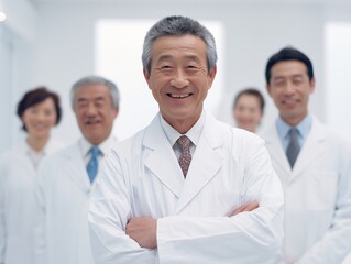 Fototapeta premium 白衣を着た熟年医師を中心に信頼感ある医療チームが並ぶ病院の安心イメージ