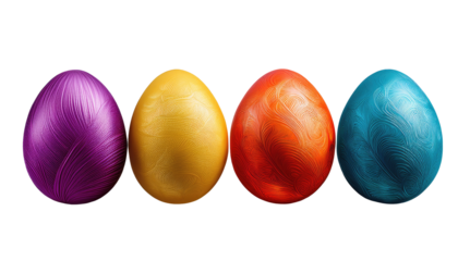 Colorful decorative eggs arranged in a row showcasing vibrant hues of purple yellow orange and blue cutout on alpha channel