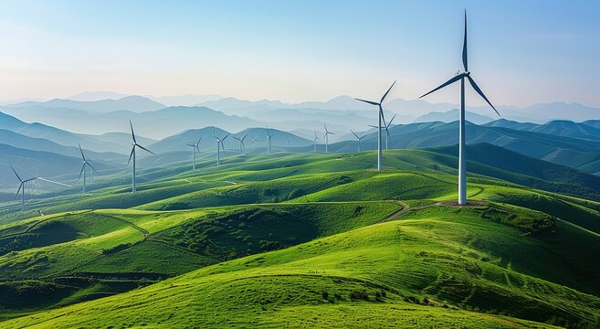 Wind Farm on Lush Green Mountain Ridges, symbolizing renewable energy, sustainability, and harmony between technology and nature. Ideal for eco-energy branding, climate action visuals.