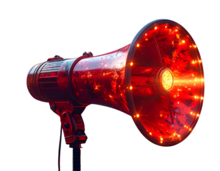 Red megaphone with lightings isolated. Close up breaking news metaphor, disclosure o jpg