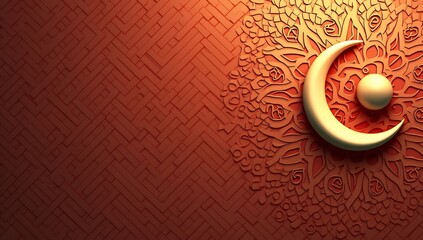 Luxurious 3d ramadan ornament with crescent moon and orb on a textured, warm-toned background, featuring intricate islamic patterns and a subtle geometric design.