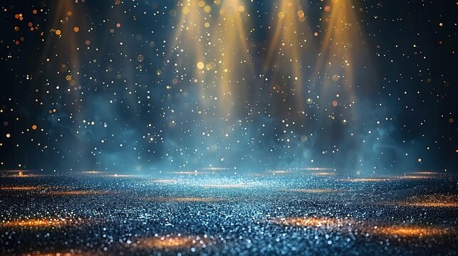 Abstract spotlight background on dark blue gold stage, glitter particles motion for product presentation, elegant professional stage light design for launch events