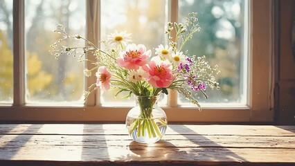 Flowers in a vase on a windowsill