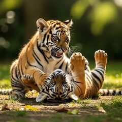 Fototapeta premium Two playful tiger cubs wrestling in the grass, a heartwarming wildlife scene.