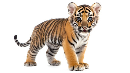 Obraz premium Young Tiger Cub Standing Alone on White Background with Striped Fur and Alert Expression in Natural Lighting