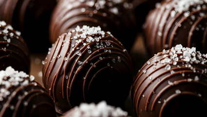 Close-up of gourmet dark chocolate truffles with delicate sea salt flakes, showcasing their rich texture and elegant drizzle patterns.
