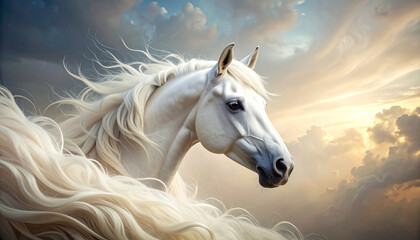 A majestic white equine head emerges from flowing, textured, pale-toned wisps, evoking movement and grace in a serene atmosphere