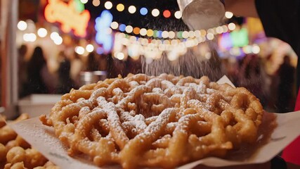 Closeup view of a delicious goldenbrown funnel cake generously dusted with white powdered sugar at a vibrant night fair capturing the essence of sweet carnival treats and festive indulgence.