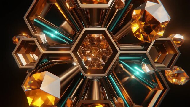 Abstract Golden Hexagonal Structure With Amber Gemstones Rotating In Dark Space Futuristic Luxury
